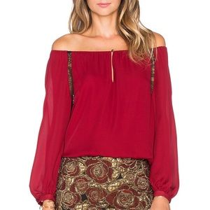 Alice + Olivia Women's Daroda Red Silk with Lace Peasant Blouse Size Small